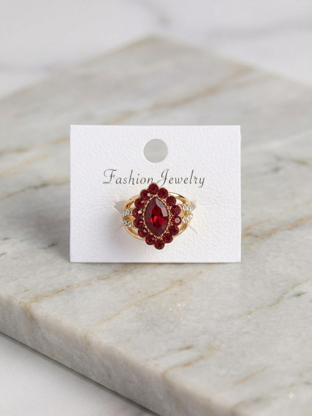 Fashion Jewelry Gold-Tone Ring with Red Crystals
